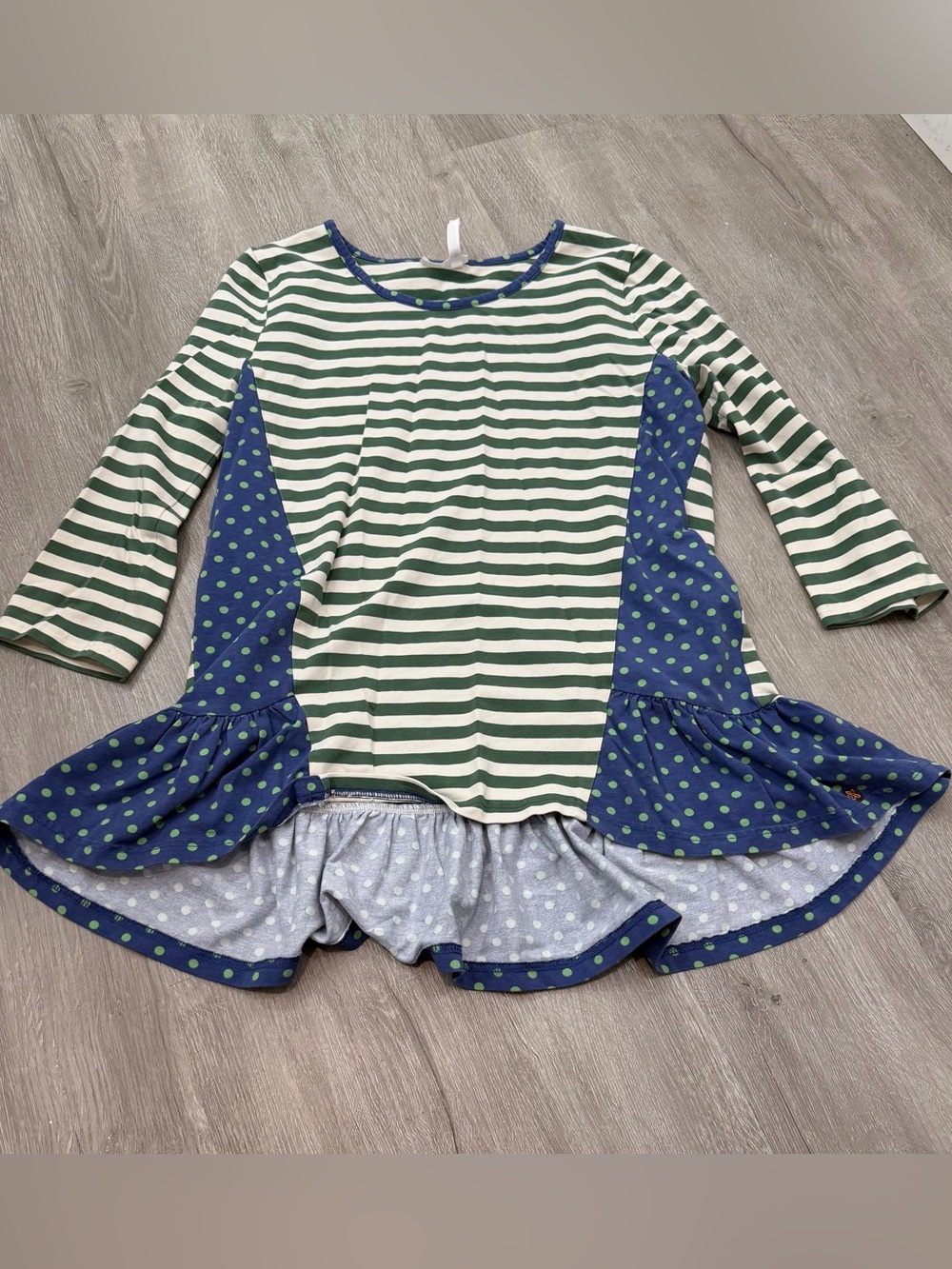 Matilda Jane Girls 16 Shirt Striped Green & White with Blue Polka Dot Panels
